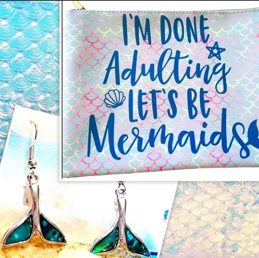 Silver & Abalone Mermaid Earrings & Pouch Colorful